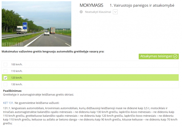 Teisingai atsakytas KET testo klausimas